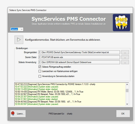 SIDEXIS SYNC SERVICES PMS Connector configuration